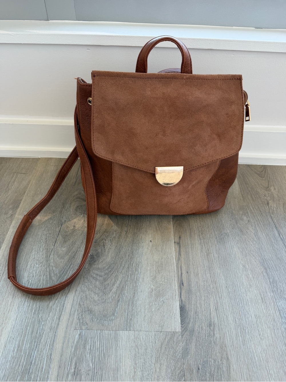 Brown Vegan leather and suede Moda Luxe Convertible backpack